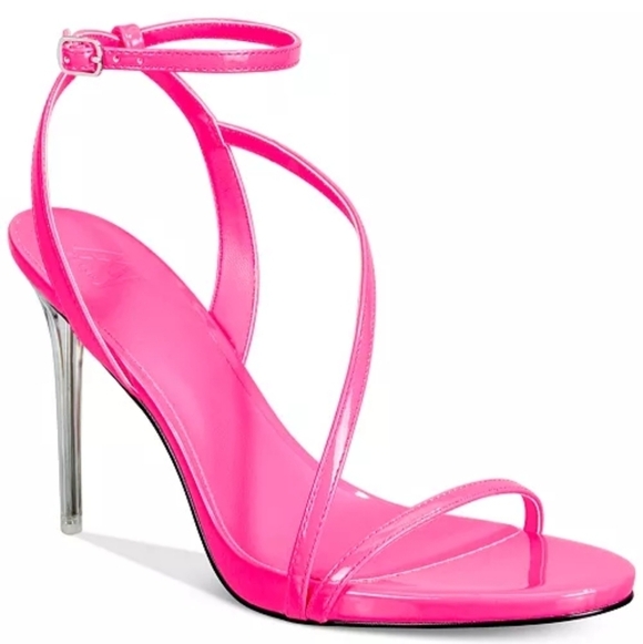 AAJ By Aminah Zayn Lucite Heel Asymmetrical Strap Dress Sandals - Neno Pink $150 - Picture 10 of 15